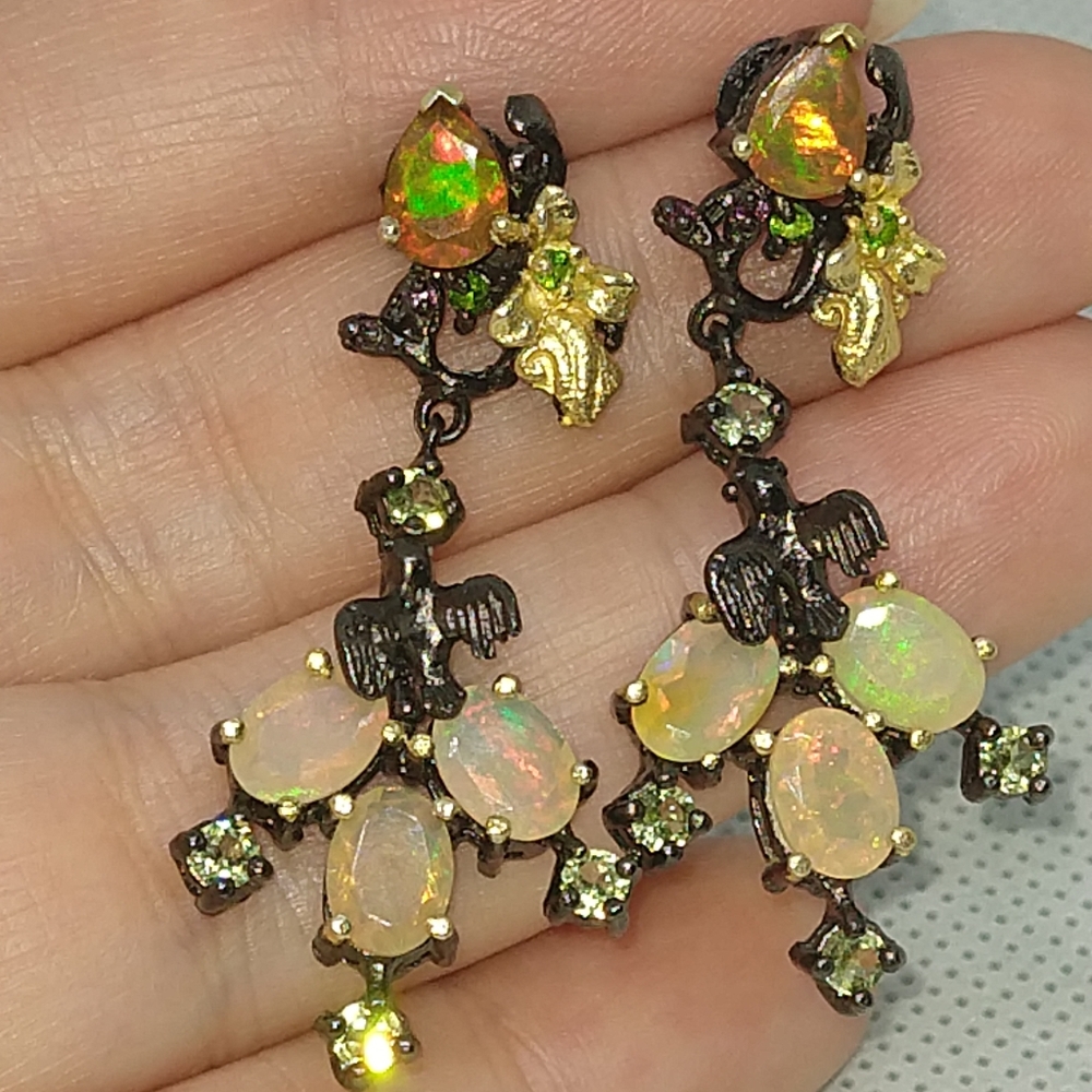 genuine rainbow opals sterling/14k art earrings